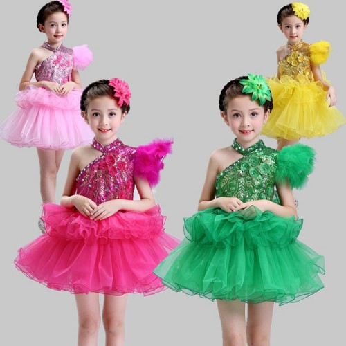 Modern dance dresses for girls children green pink jazz singers chorus stage performance princess party cosplay flower girls dresses